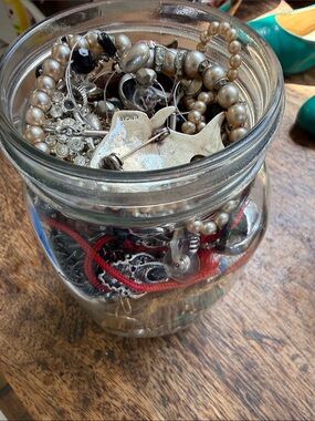 Mystery estate jewelry jar all wearable with sterling silver pieces